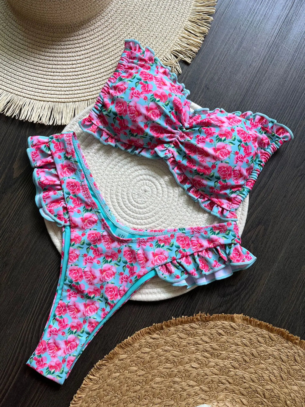 Bikini Set Women's Ruffle Flower Print Sexy 2 Pieces Swimsuit Triangle Strapless Backless Thong Beach Bathing Suit 2025 New