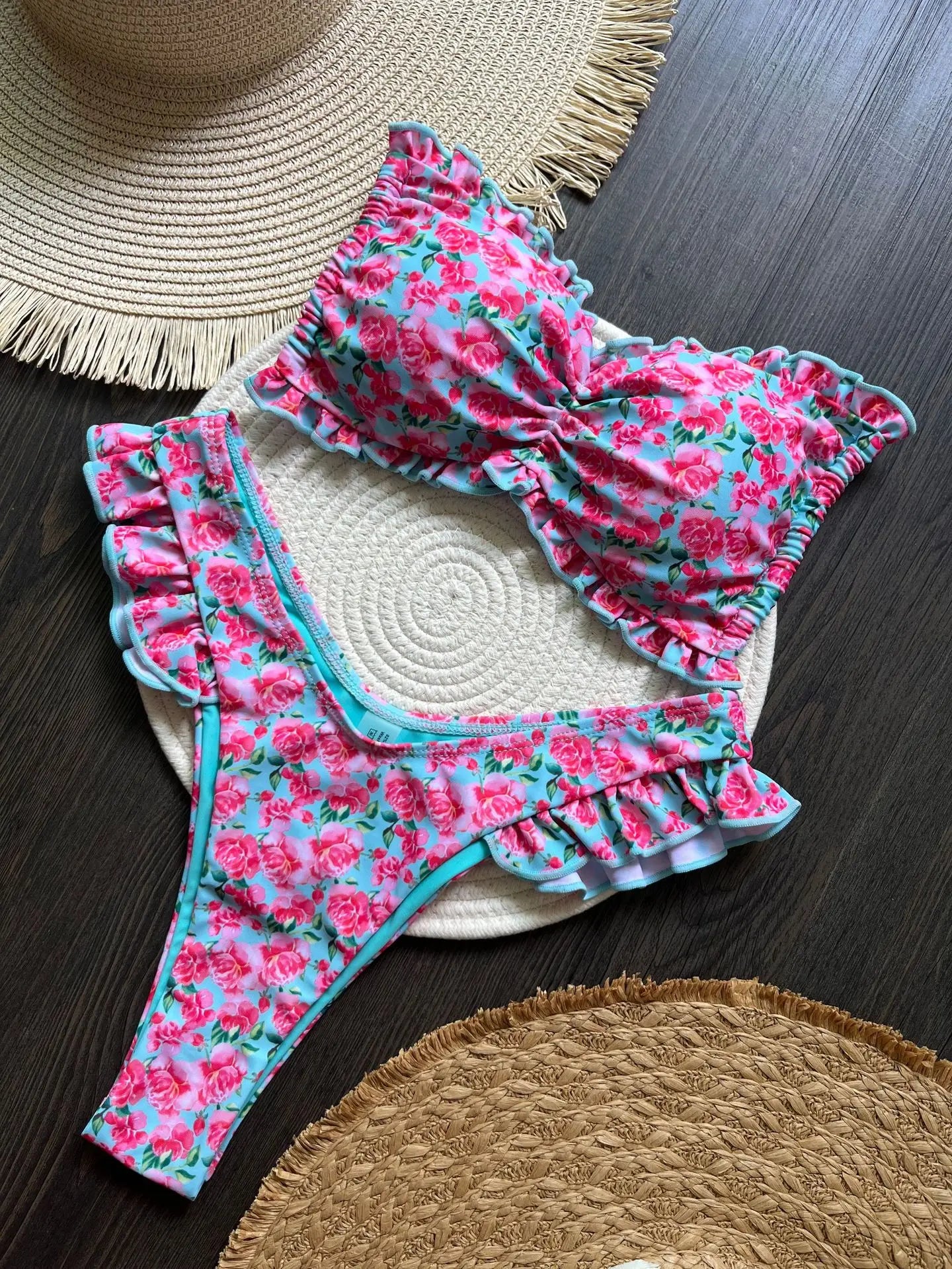 Bikini Set Women's Ruffle Flower Print Sexy 2 Pieces Swimsuit Triangle Strapless Backless Thong Beach Bathing Suit 2025 New