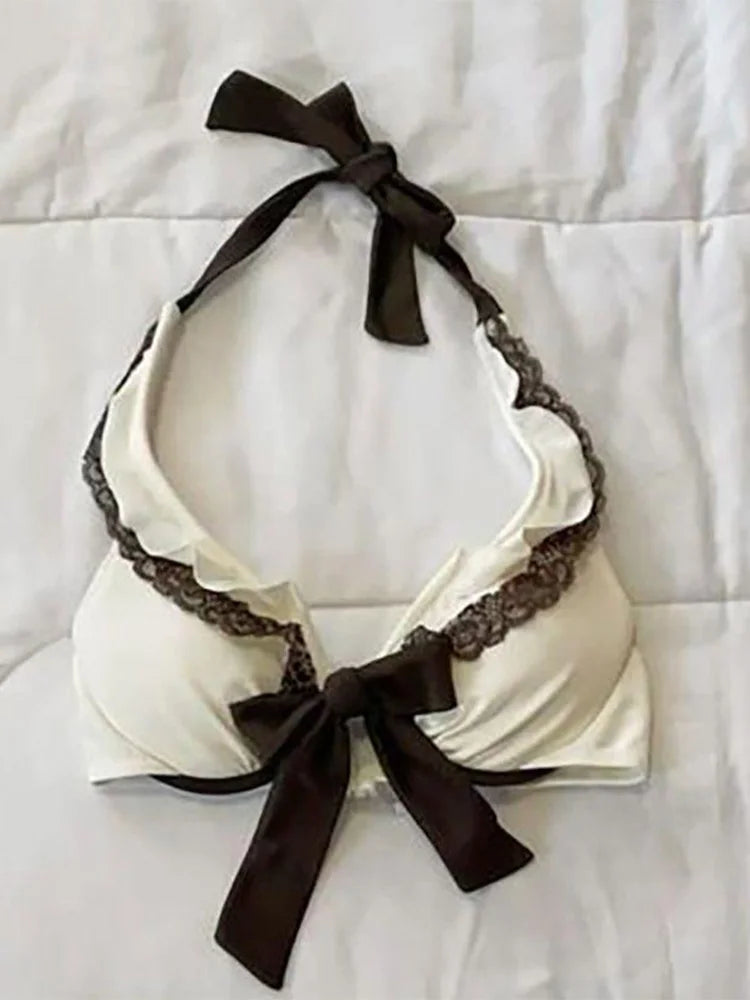 Summer Beige Lace Trim Bow Halter Skirted Bikini Set Beach Pool Vacation Cute Sweet Slim Y2K New Trendy Women's Swimsuit