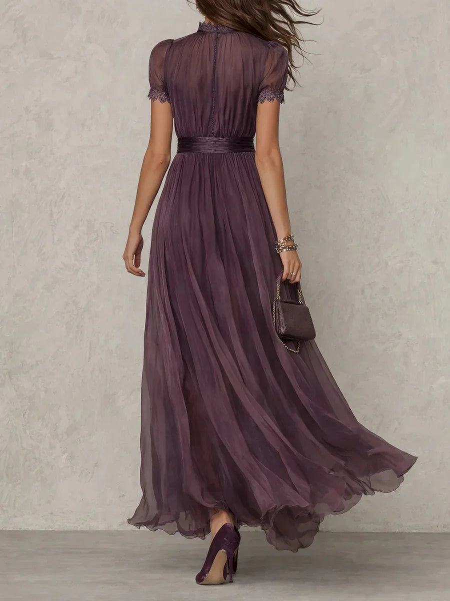 Vintage Spliced Hollow Out Dinner Maxi Dress for Women Stand Collar Lantern Sleeve Pleated Tunic Slit Sexy Dresses Female