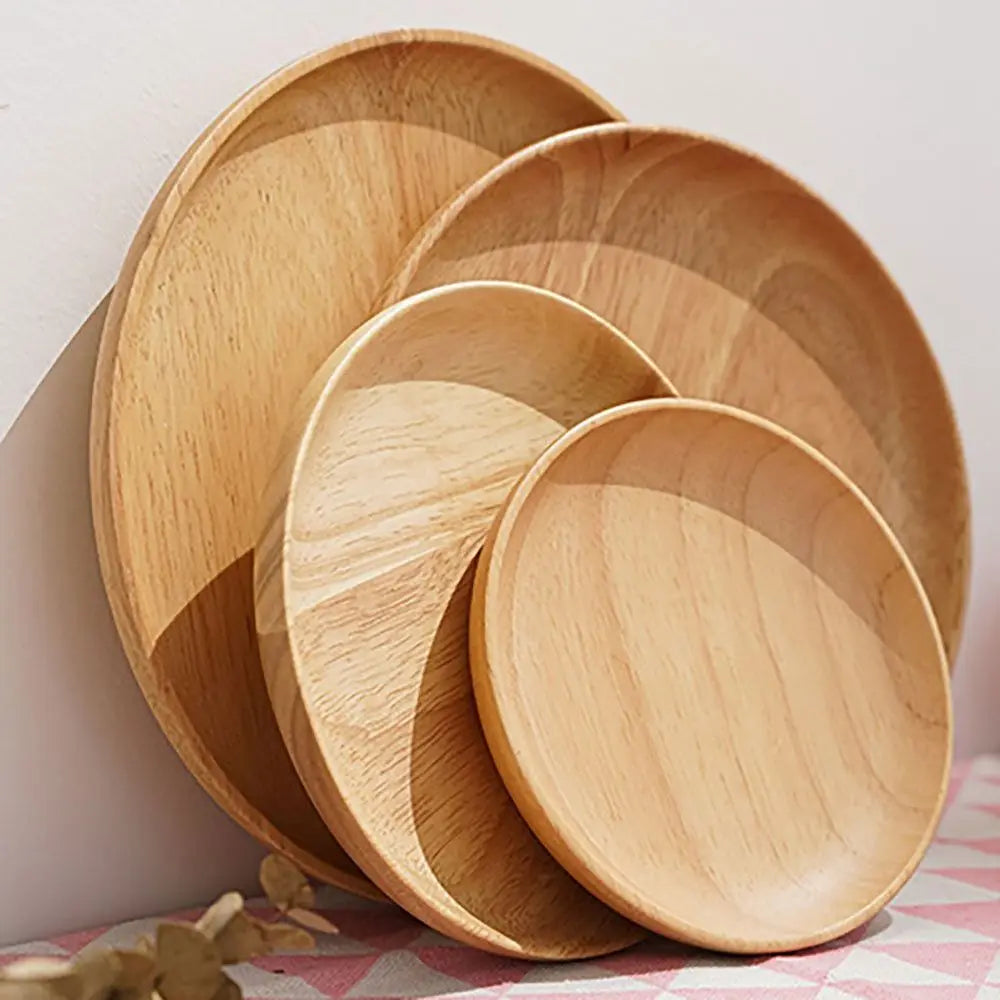 Rubber Wood Eco-Friendly Hand-made Round Kitchen Supplies Unbreakable Snack Plate Wood Plate Tea Tray Dessert Plate