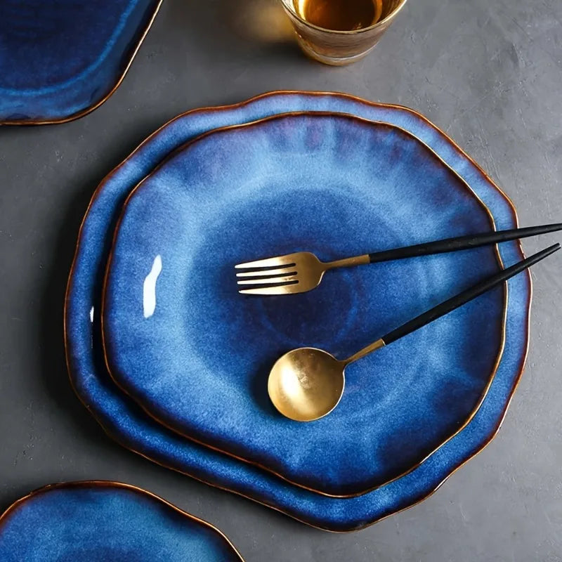Nordic Style Blue Kiln Turned Ceramic Food Plate Steak Pasta Western Cuisine Plate Kitchen Utensils Dining Table Decoration