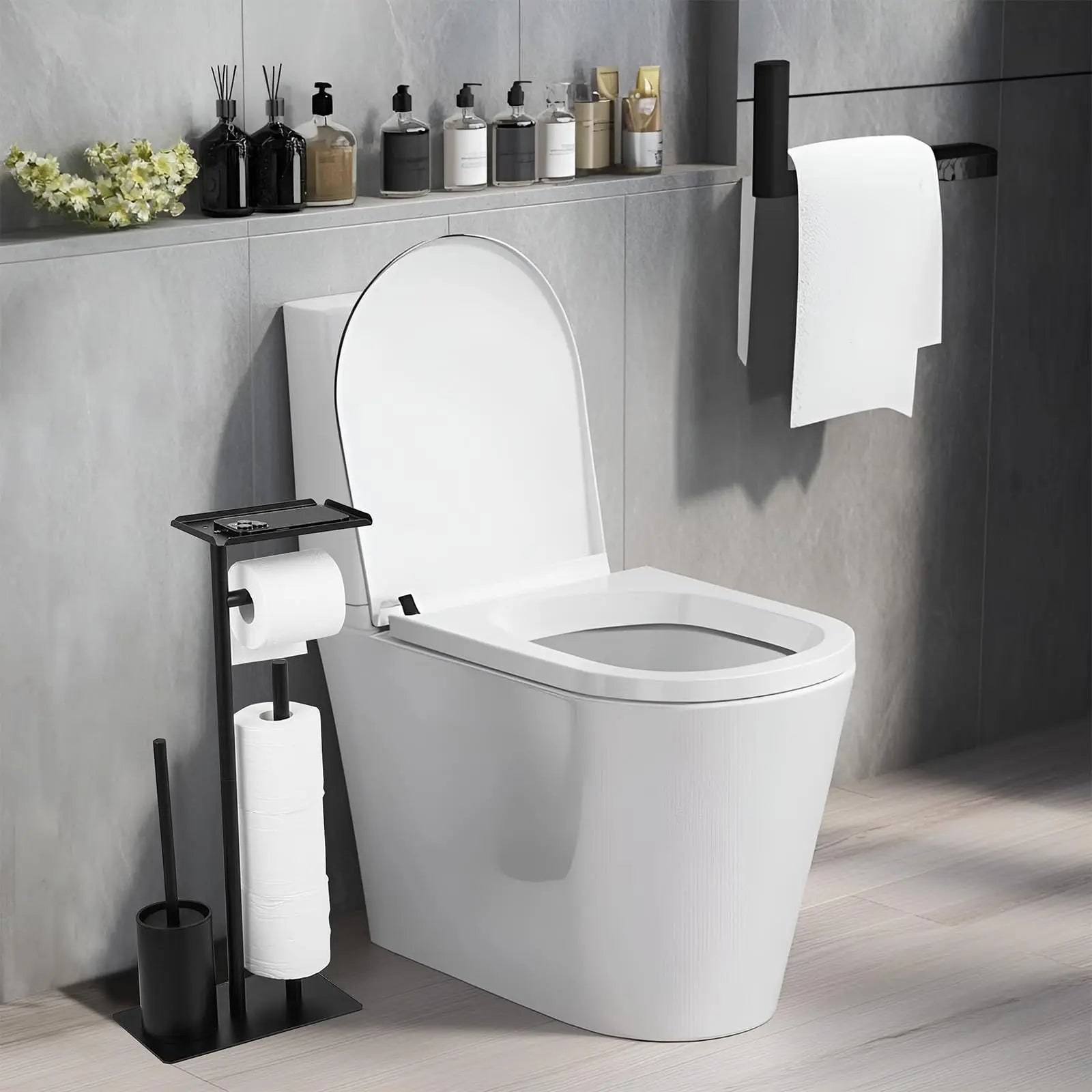 Stainless Steel Standing Toilet Set, Toilet Paper Holder with Toilet Brush for Bathroom Storage