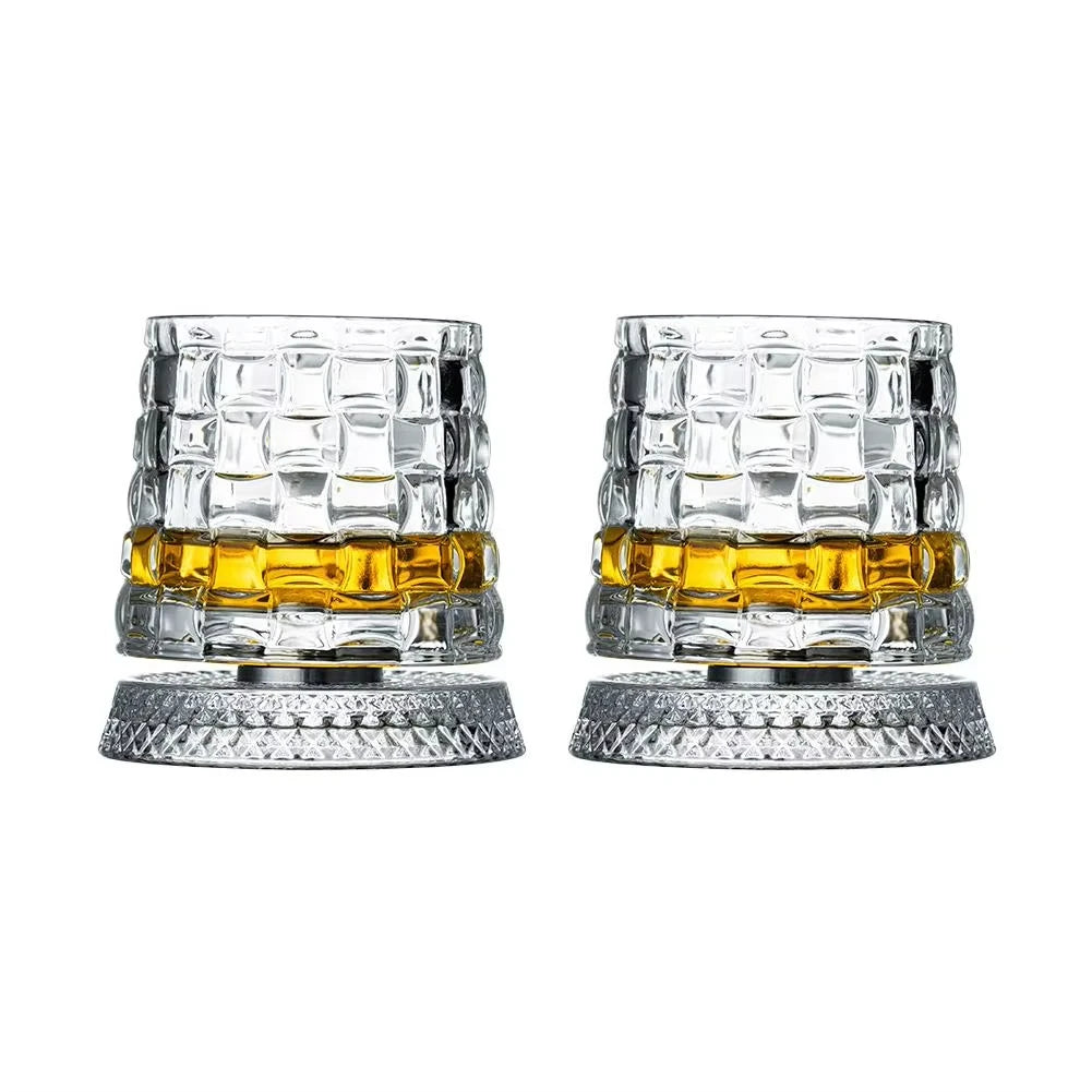 2PCS Whiskey Glasses Rotating Whisky Glass With Glass Base 360 Rotate Degrees Crystal Rum Glass For Cocktail Party Drinking Gift
