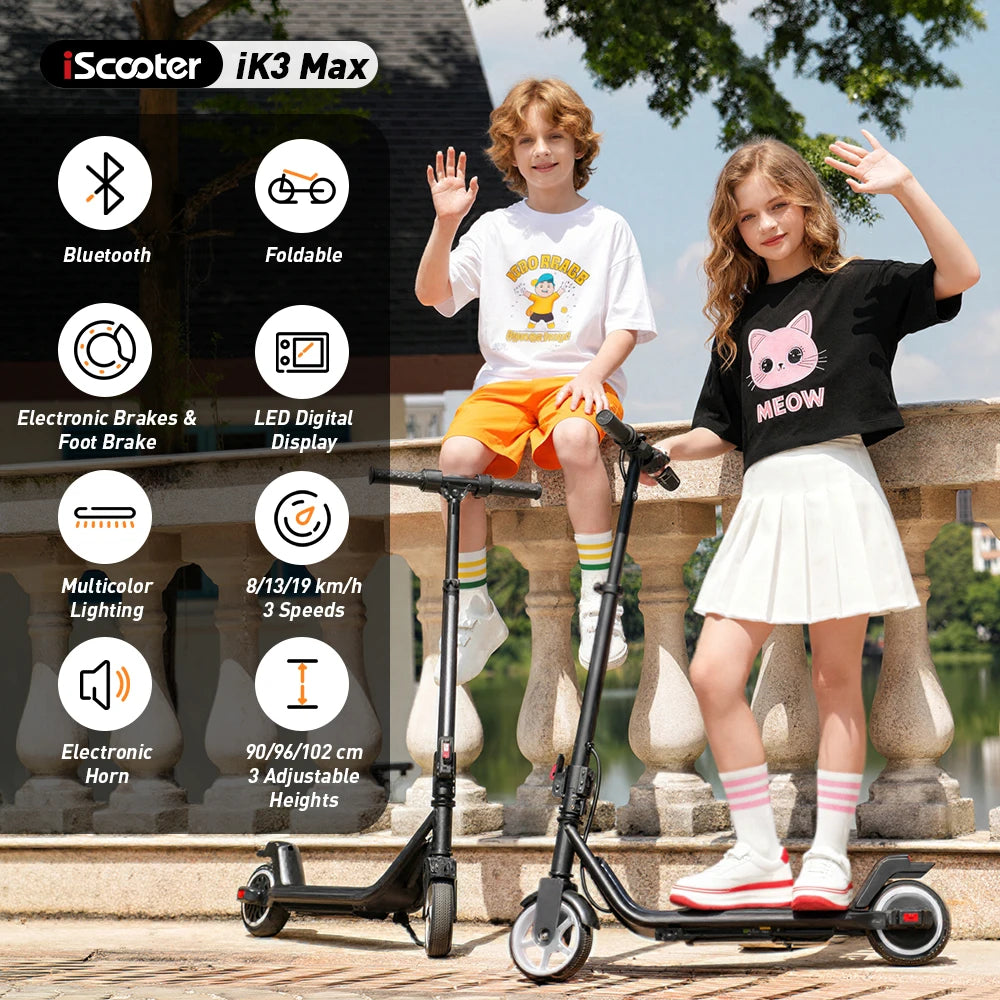 iScooter iK3Max Kids Electric Scooter 200W 4.5Ah Scooter 13KM Range Foldable Scooter Solid Tire Bluetooth Connection Kid Scooter