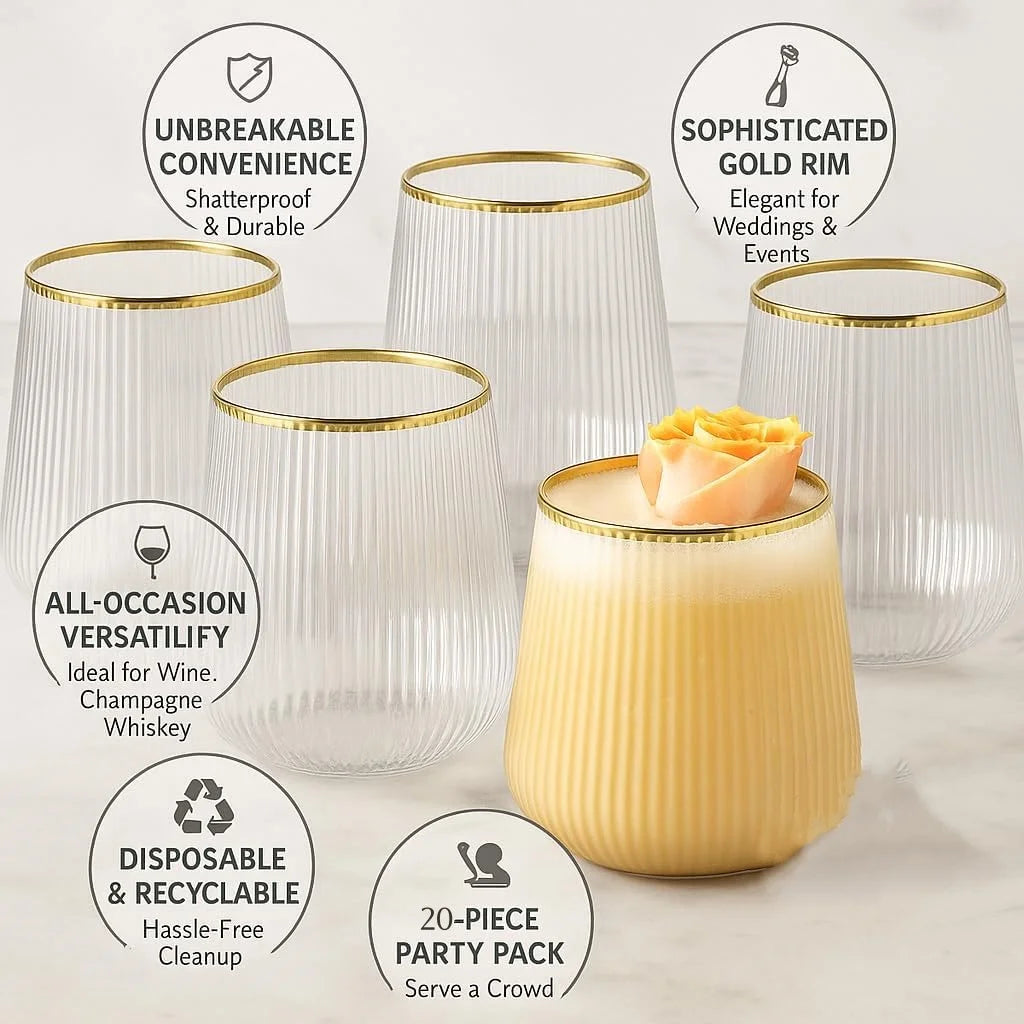 12-48Pcs 14oz Plastic Ribbed Wine Glasses Disposable Stemless Wine Glasses Plastic Cocktail Glasses for Party Unbreakable