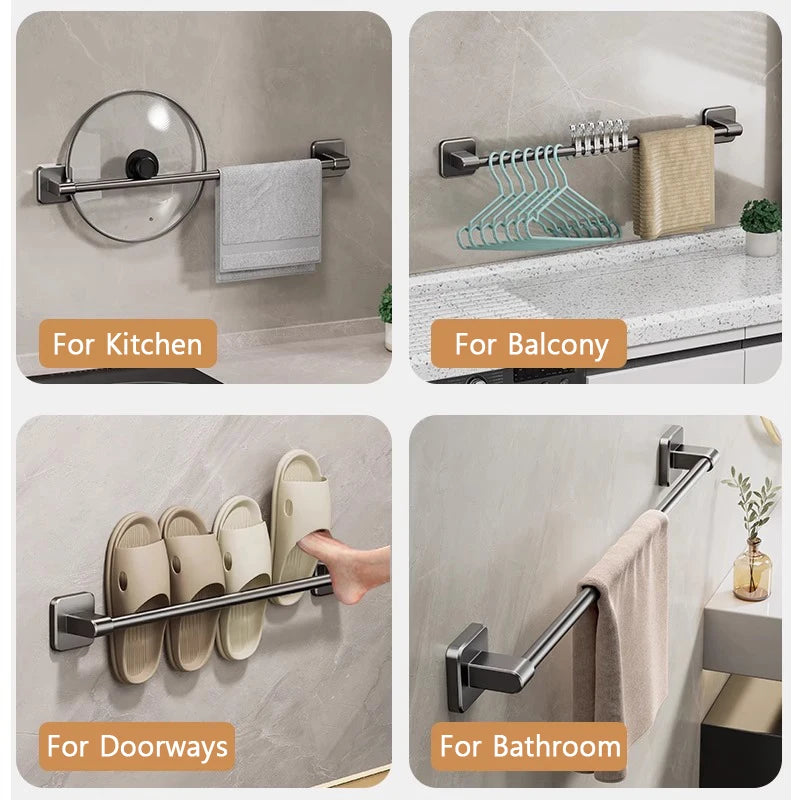30/40/50/60cm Towel Bar Bathroom Nail-free Towel Rack Grey White Wall Mounted Bath Towel Rack Kitchen Pot Cover Rack Shoe Racks