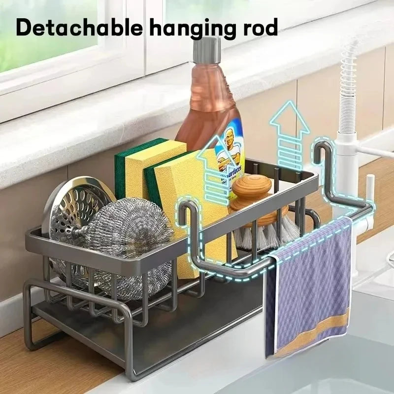 Stainless Steel Kitchen Sink Organizer | Sponge & Soap Storage | Faucet Holder & Towel Rack | Drain Rack with Shelf | Kitchen Ac