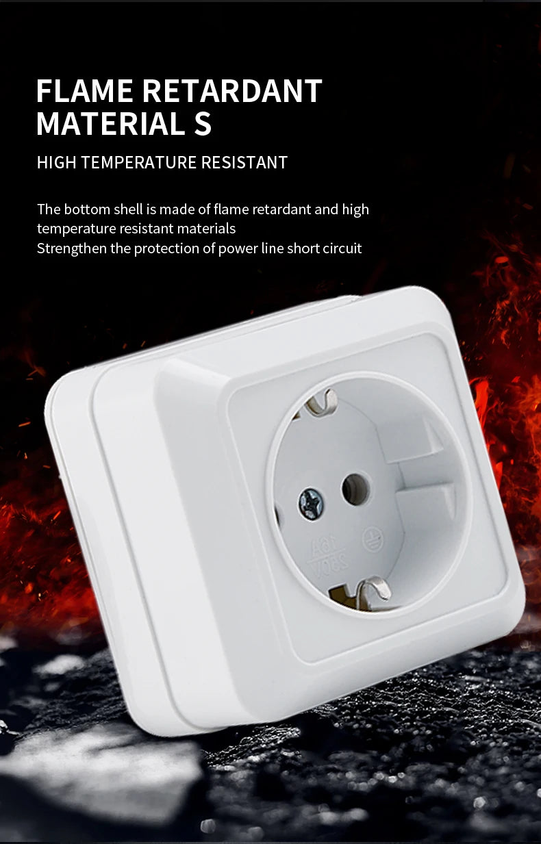 White Wall Mount Socket EU Standard Electrical Outlett Ground Vintage Surface Power Socket Plugs Flame Retardant Plastic