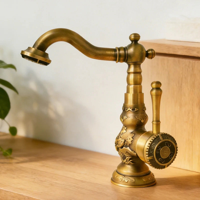Luxury Antique Bronze Copper Carving Deck Mounted Kitchen Faucet Bathroom Basin Faucet Sink Faucet Mixer Hot and Cold Water Tap