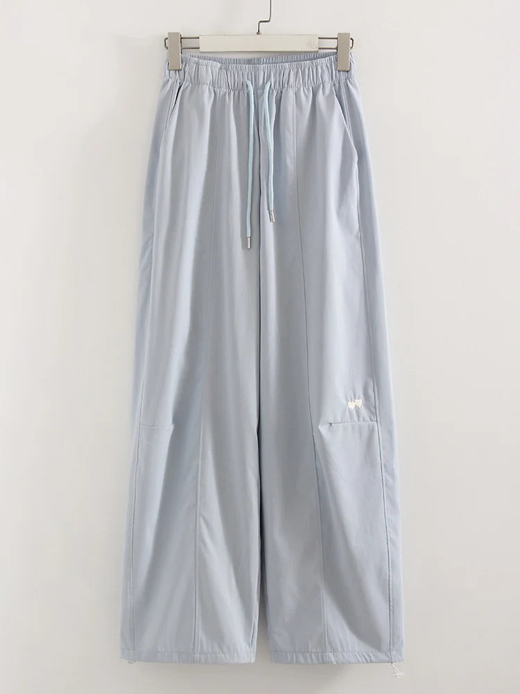 Blue Straight Pants For Women Elastic Wiast Jogger Quick-dry Sweatpants Baggy Embroidery Trousers Ladies Wide Leg Sport Pants