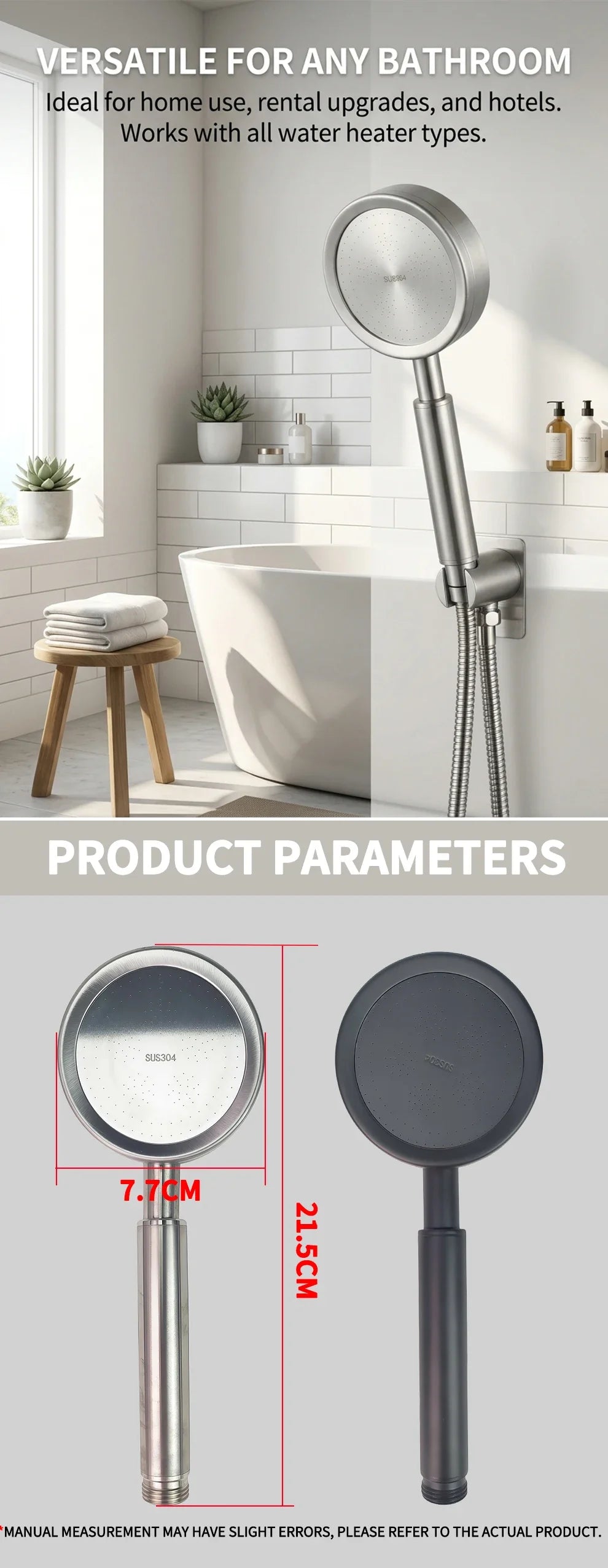 304 Stainless Steel Handheld Shower Head – High Pressure Spray, Universal 1/2” Connector, Bathroom Sprayer for Home Use