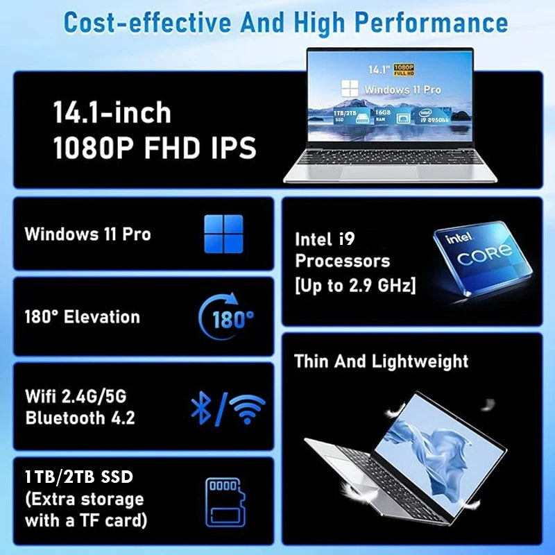 2025 NEW Core i9 laptop 16GB RAM 2TB SSD Portable laptops 1920*1080 Laptop computer i9-8950hk laptop 14.1-inch Office laptop
