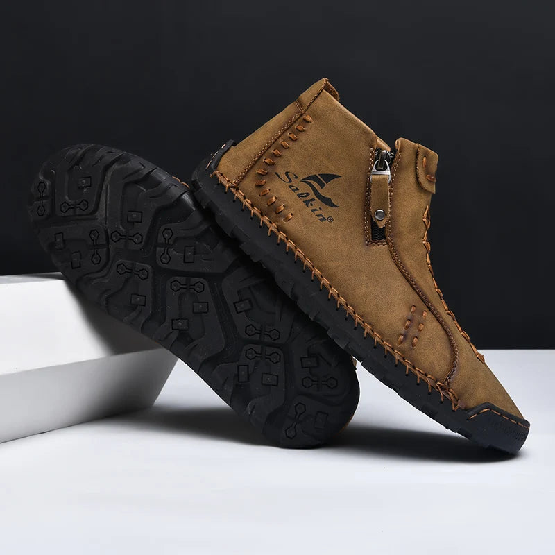 Handmade Leather Casual Shoes For Men Sneakers Men Flat Footwear Zipper Leather Boots Men Ankle Plus Size 39-48