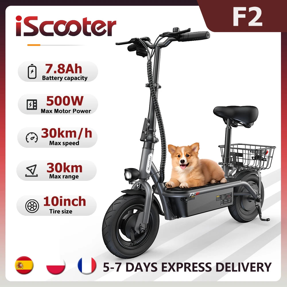 iScooter F2 Electric Scooter 500W Foldable Scooter 7.8Ah Electric Kick Scooter 30km Range 30km/h E-Scooter With Basket Daily