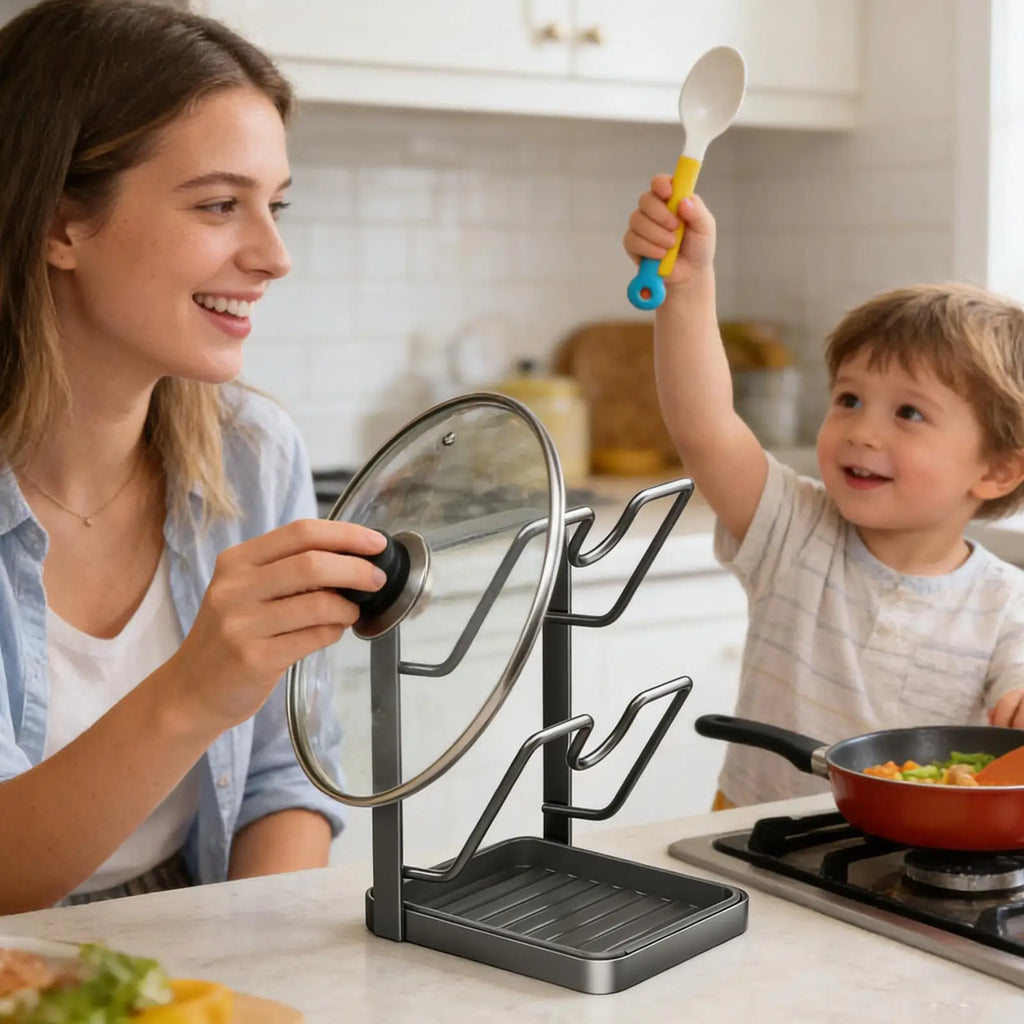 Kitchen Pot Lid Rack No Drill Pot Lid Organizer Kitchen Space Saving Countertop Organizer Rack with Drainage Tray Storage Rack
