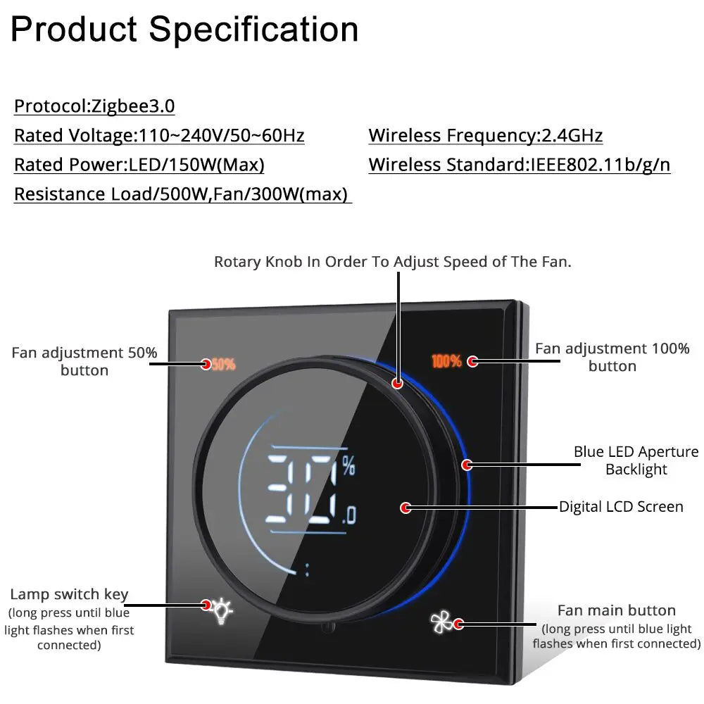Glass Panel Wifi/Zigbee2MQTT Smart Light Switch With Knob Fan Controller 300W Max.  Digital LCD For Ceiling Fan Lamp