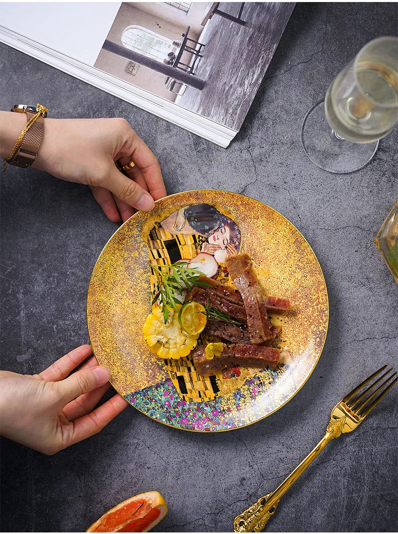 Klimt Kiss Bone China Dinning Plates Set Luxury Porcelain Plate for Dessert Steak Bread Cake Dish Home Party Tableware Gift