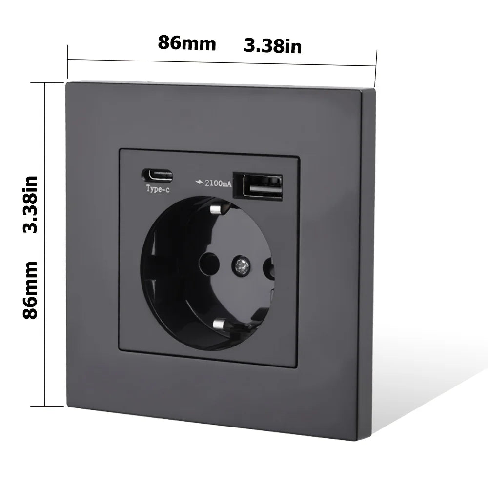 EU Standard Type-C USB Power Socket High-Quality Material Panels 16A Wall Embedded Electric Plug Outlet AC110V-250V Wall Socket
