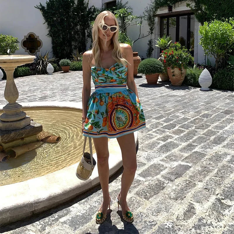 Sexy Strapless Printed Mini Dress 2025 Summer Fashion Women Sleeveless Backless High Waist Slimming Party Vacation Y2k Vestidos