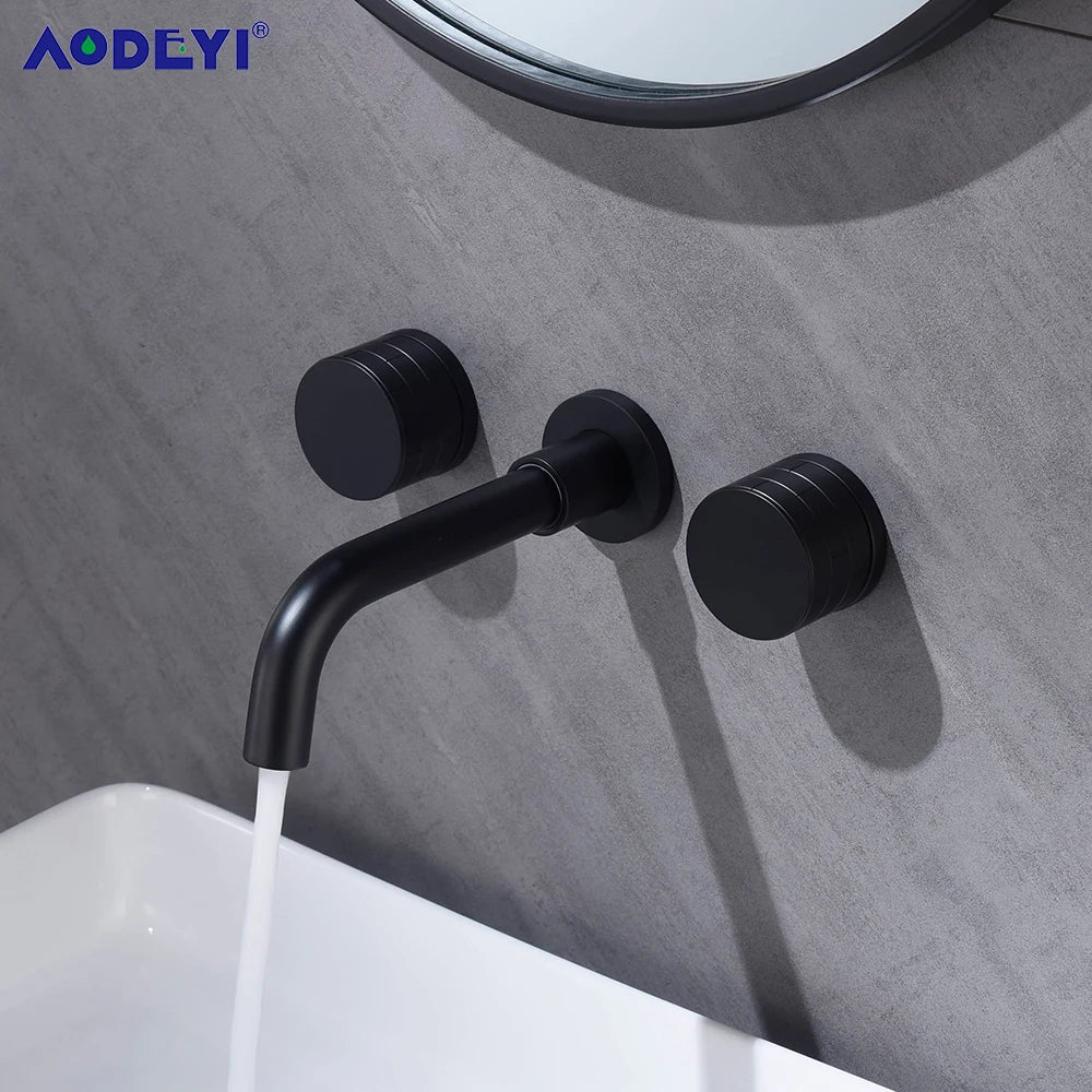 Black Bathroom Faucet Brass Double Lever Wall Mounted Sink Faucets Hot Cold Water Polished Taps Basin Mixer Brushed Gold Tap Set
