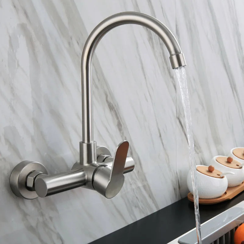 Wall Mount Kitchen Sink Faucet 304 Stainless Steel 2 Modes Hot and Cold Mixer Taps Double Hole Rotating Kitchen Faucets Brushed