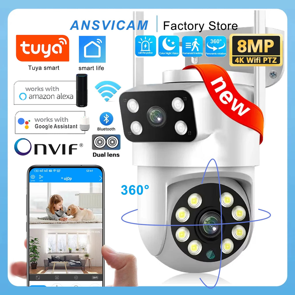 ANSVICAM Tuya Outdoor Wireless Security IP Camera 4K 8MP HD Dual Lens Wifi PTZ Camera Auto Tracking Street Surveillance Camera