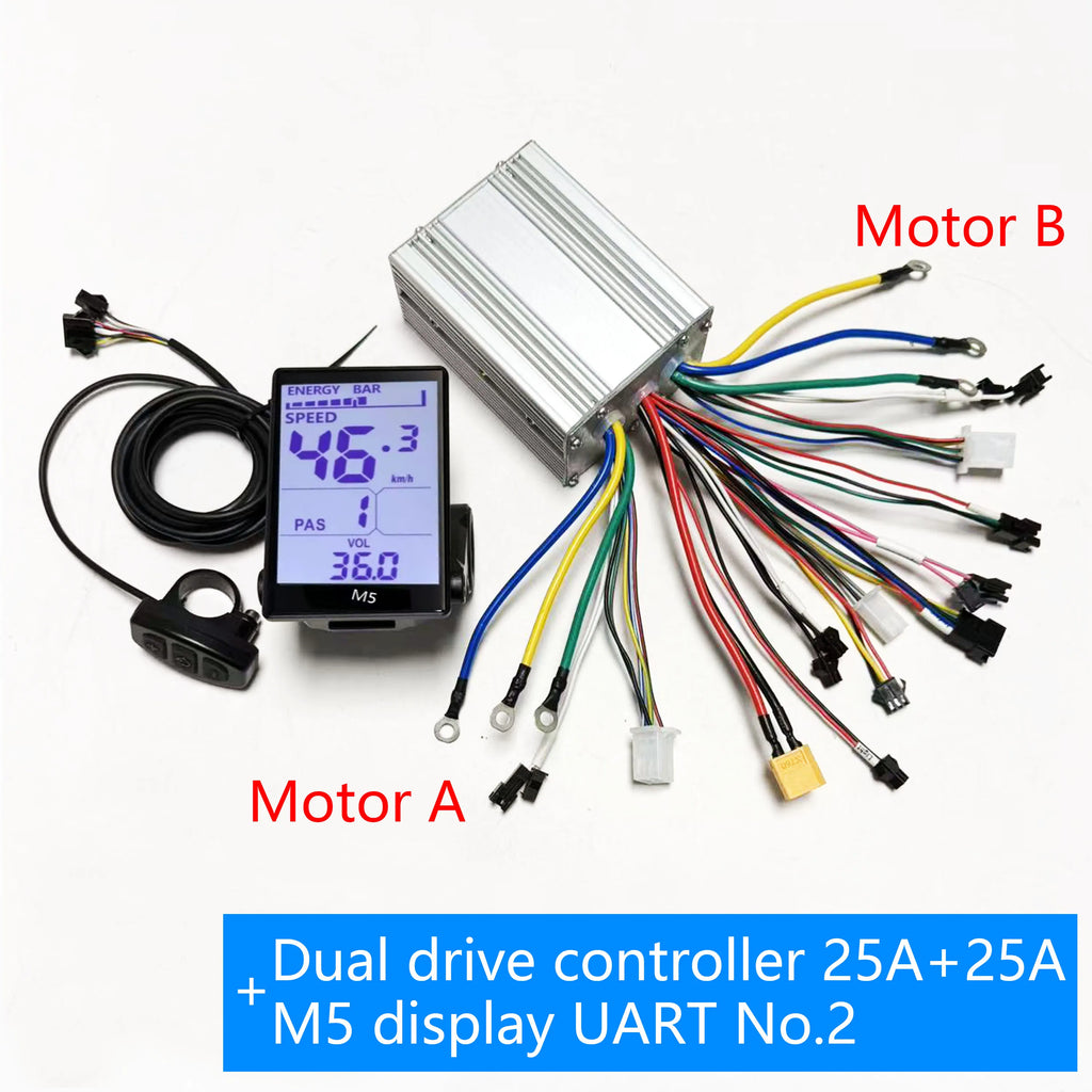 Sine Wave Dual Drive Brushless Motor Controller 25A+25A 500W+500W 36V 48V with M5 LCD Display UART No.2 for Two Motor e-bike