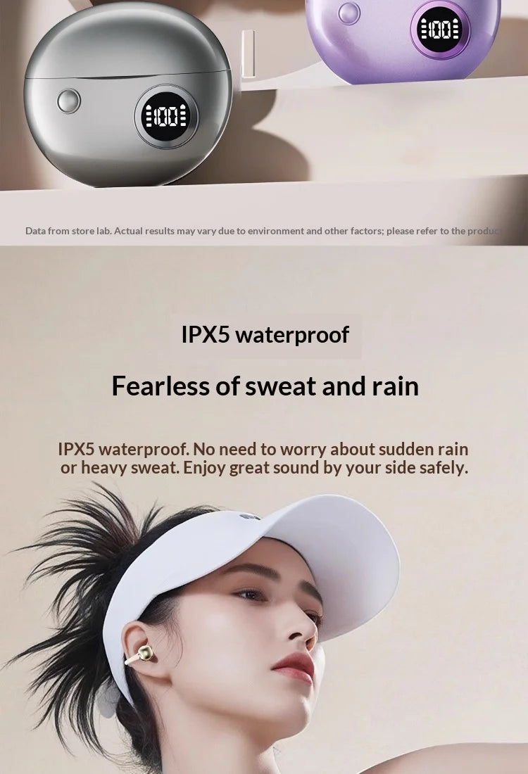 Clip-on Earphones Wireless Bluetooth Earbuds Hi-Fi Sound Super Long Battery Life Digital Display Noise Reduction Secure Fit