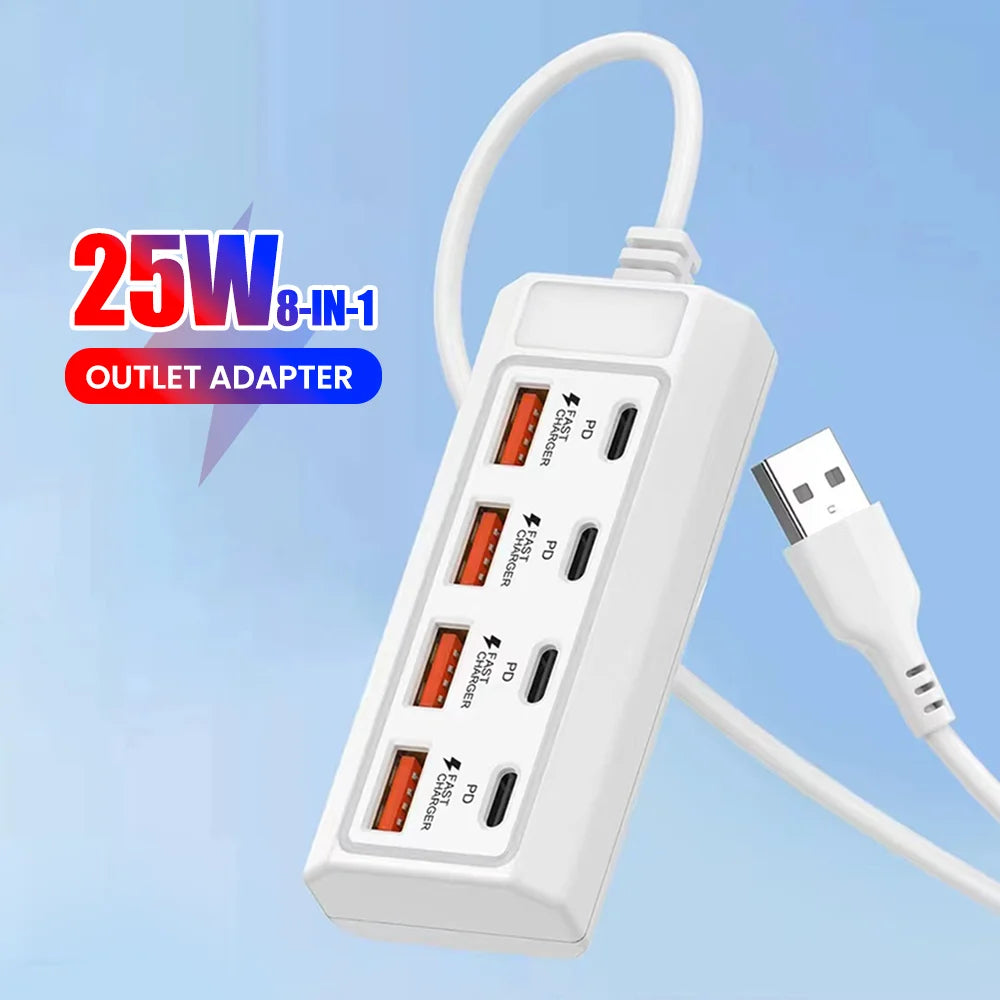 8 in 1 USB Electrical Socket 25W Fast Charging Power Outlet Adapter Docking Stations USB Splitter Converter USB Extension Socket