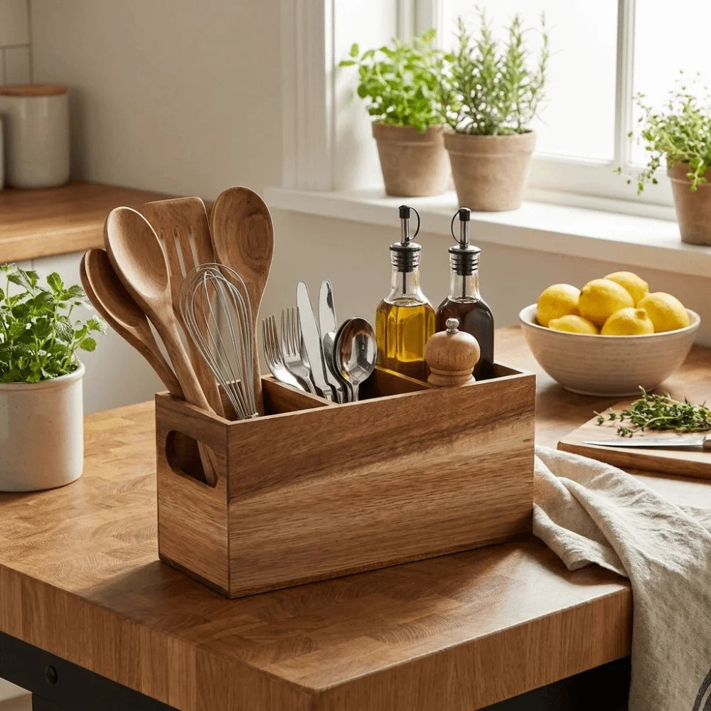 Kitchen Tools Wooden Utensil Organizer 3 Compartment Durable Storage Rack Space Saving Rustic Silverware Storage Box Countertop