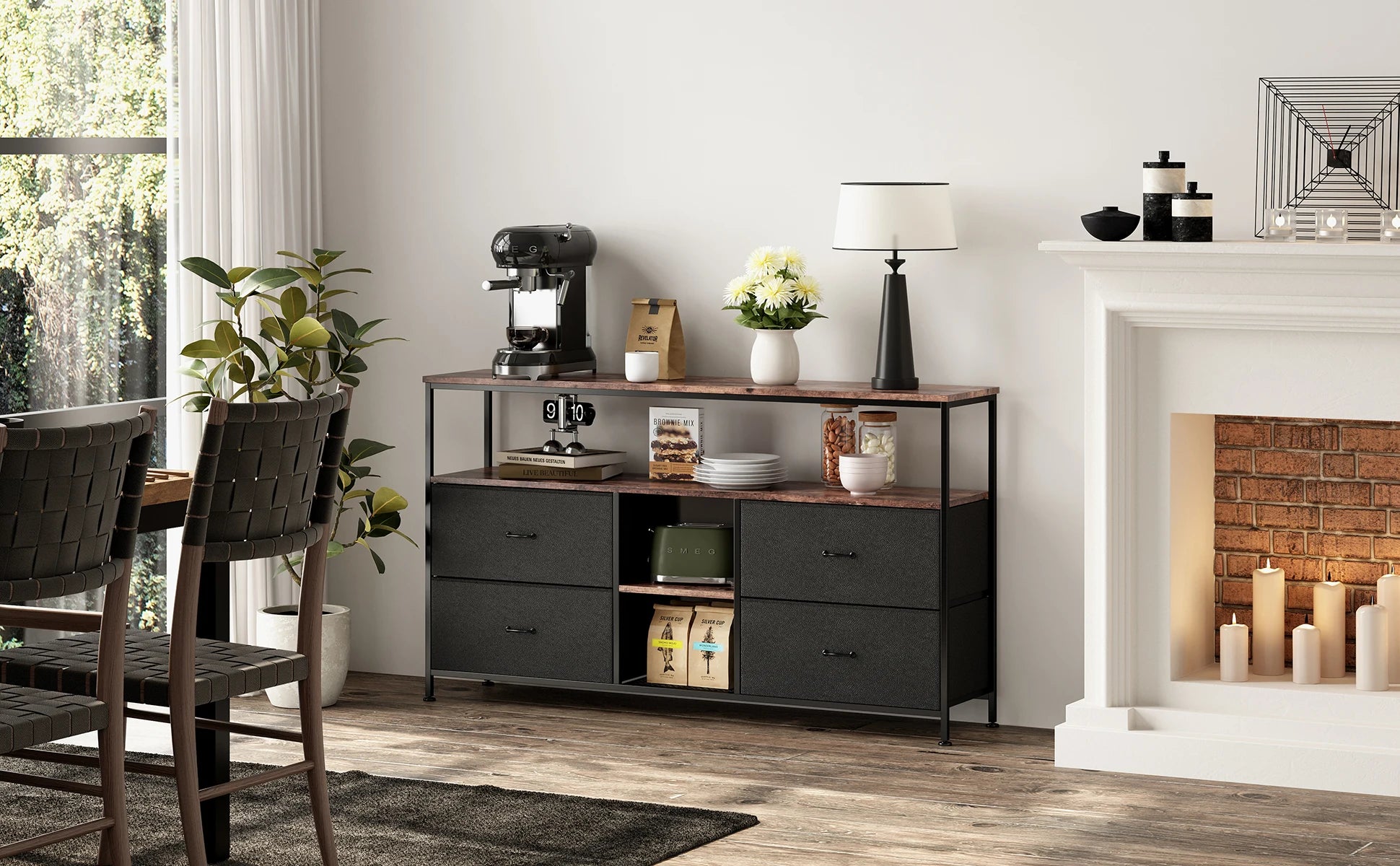 Rosahqnda TV stand with 4 drawers, TV cabinet, , adjustable shelves, TV table, TV cabinet living room furniture