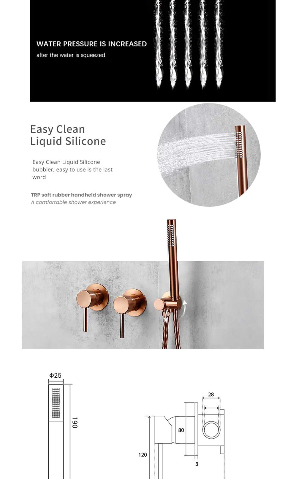 Wall Mounted Bathroom Shower Rainfall Shower Set Rose Gold Mixer Brass Faucet Hot Cold Water Mixer Tap With Head 8/10/12 Inch