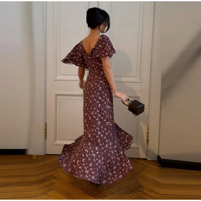 Elegant Women's Printed Lotus Leaf Long Dress Slim High Waist V-neck Short Flared Sleeve Backless Slit Dresses 2026 Summer Robe