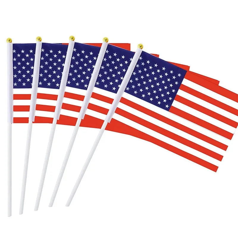 10PCS USA Stick Flag,American US 14x21cm HandHeld Mini ensign Pole United States Stick Flag Vivid Color Fade Resistant banner