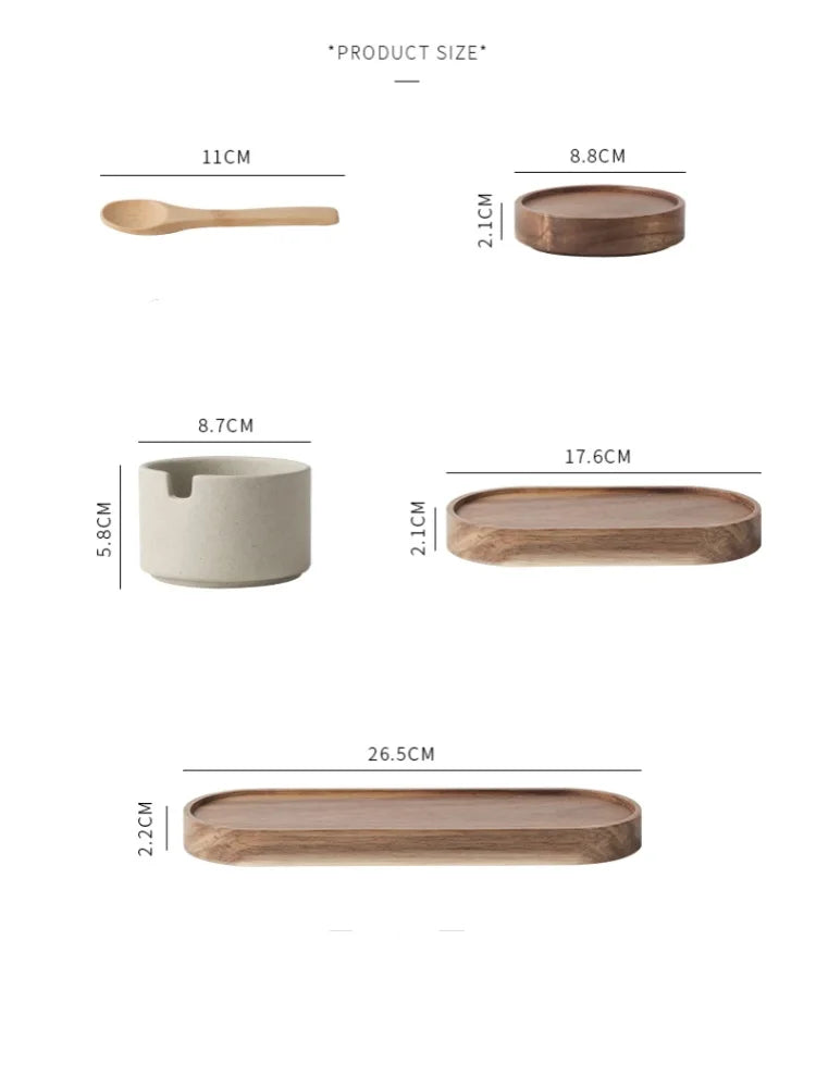 JUSTINLAU Ceramic Seasoning Jar Japanese Spice Container with Bamboo Lid Spoon Home Oil Pot Seasoning Bottle Tray Kitchen Tools