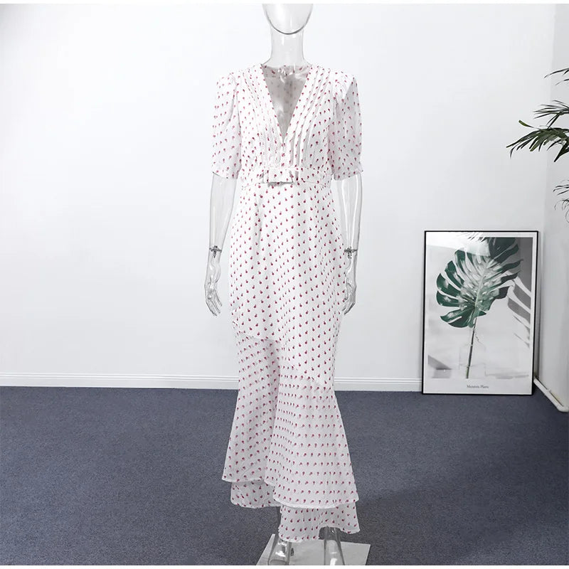 Slim Printed Waist-cinching Fishtail Dress 2026 Summer New Ladies Sexy V-neck Short Sleeve Split Long Robes Women's Party Gowns