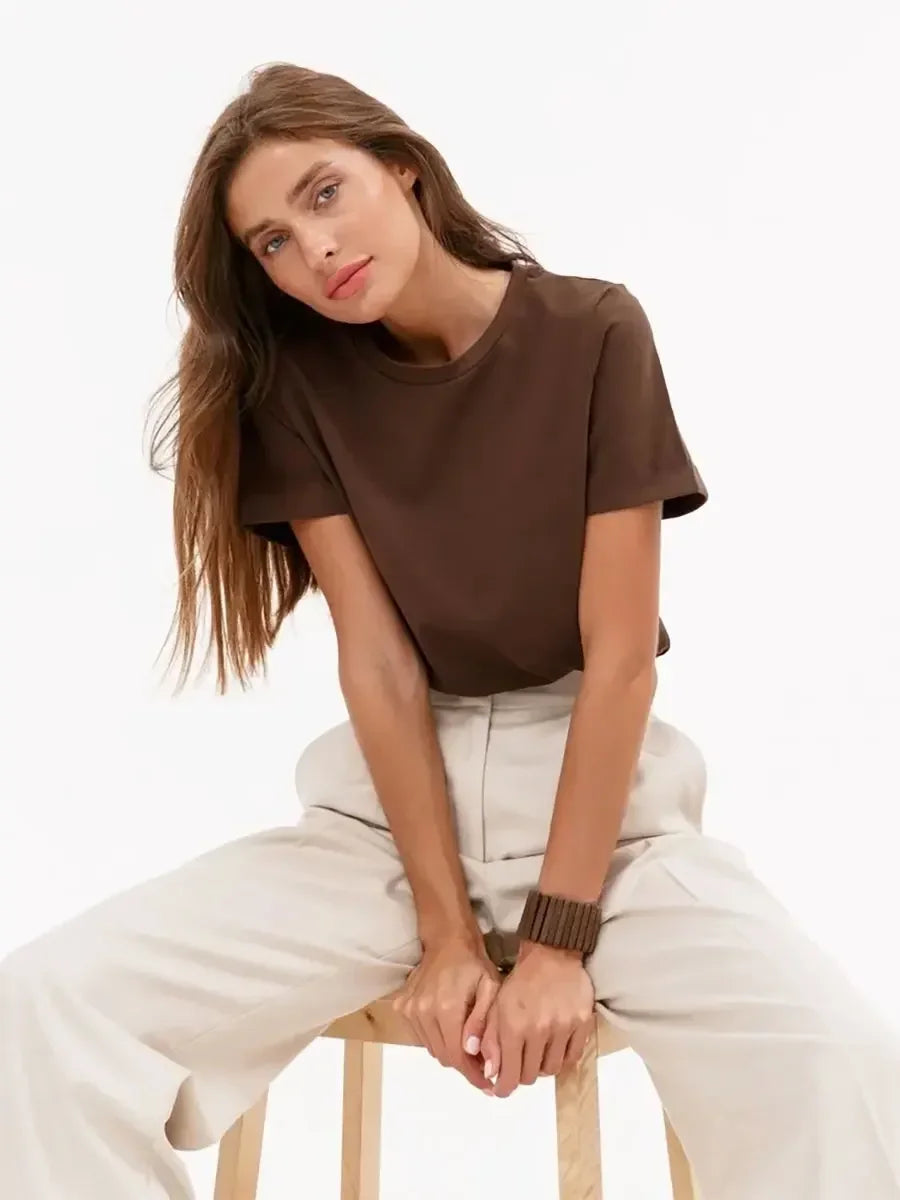 Summer 100% Cotton Women's T-shirt Bottoming Basic Fashionable Lady Short Sleeve Loose Tops Shirts Solid 200g/㎡ Tops