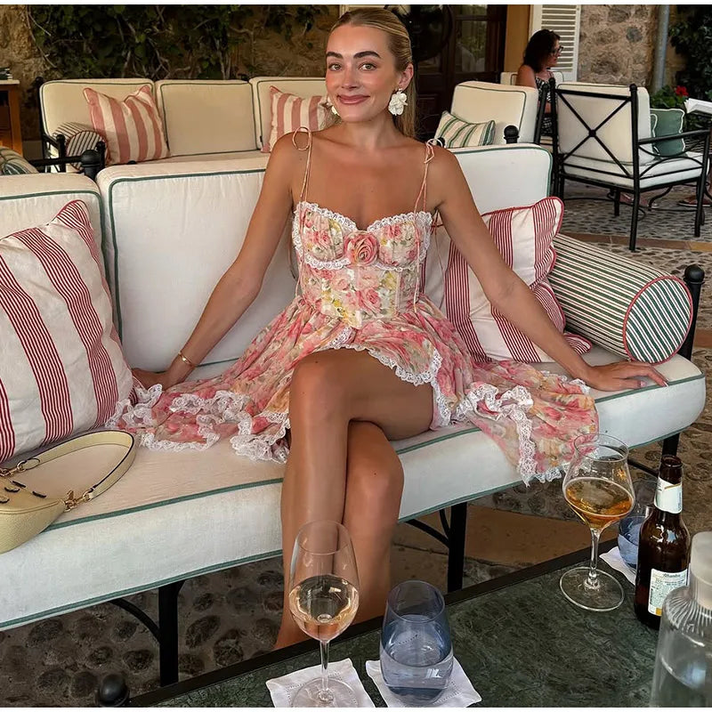 Sexy Print Spaghetti Strap Dresses Women's Sweet Sleeveless Backless Lace-up Puffy Mini Dress 2026 Summer Waist-cinching Gowns