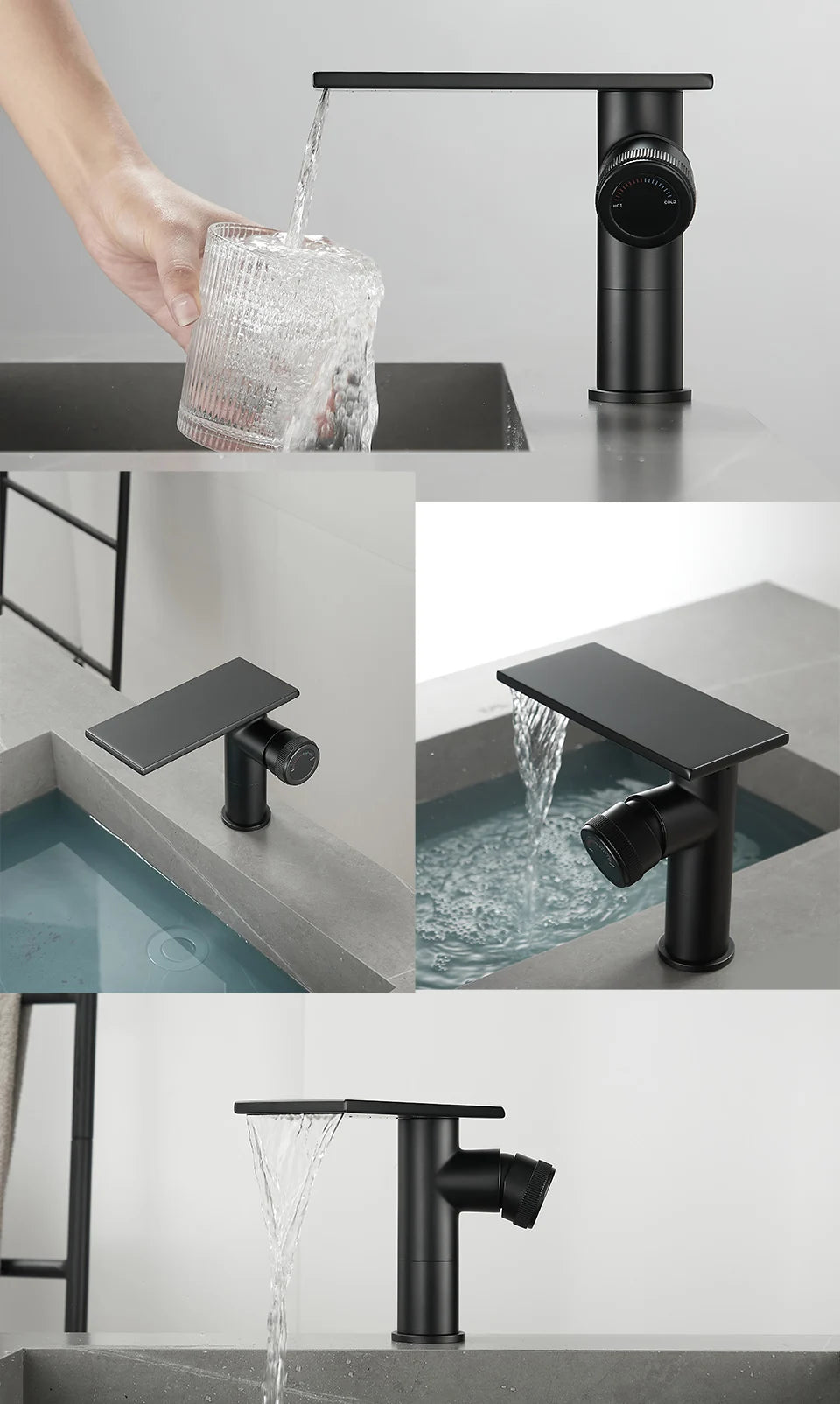 Bathroom Waterfall Basin Sink Faucet Black Faucets Brass Bath Faucet Hot&Cold Water Mixer Vanity Tap Deck Mounted Washbasin Tap