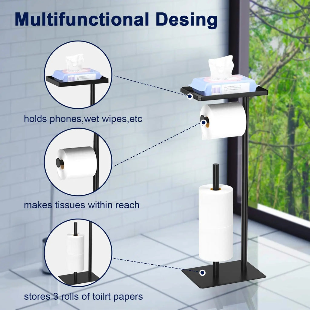 Stainless Steel Standing Toilet Set, Toilet Paper Holder with Toilet Brush for Bathroom Storage