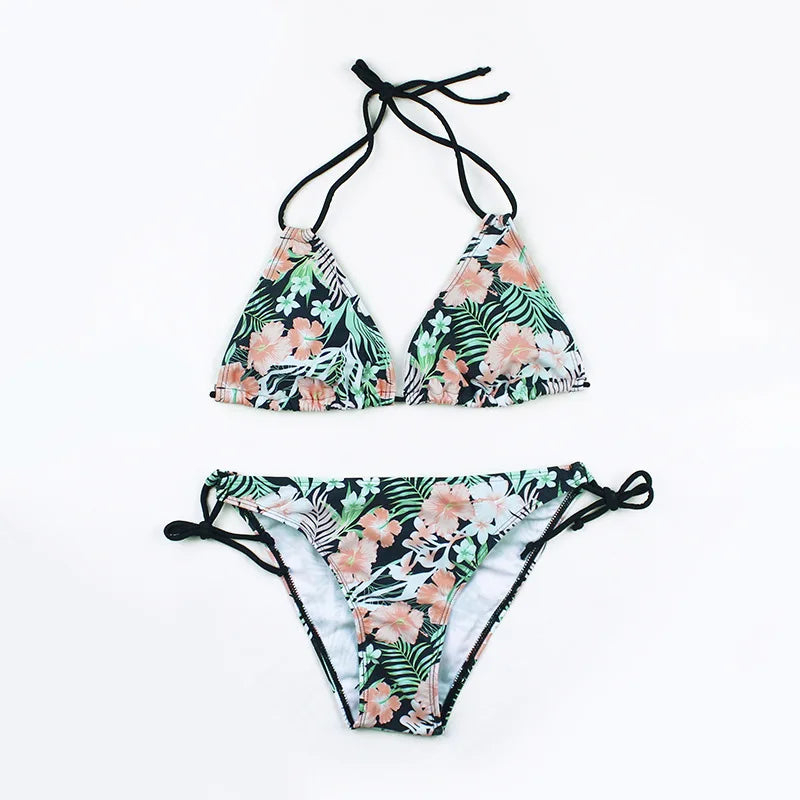 Bikini Set Printed Swimsuit Women's Sexy Floral Beachwear Sleeveless Triangular Water Wading Clothing