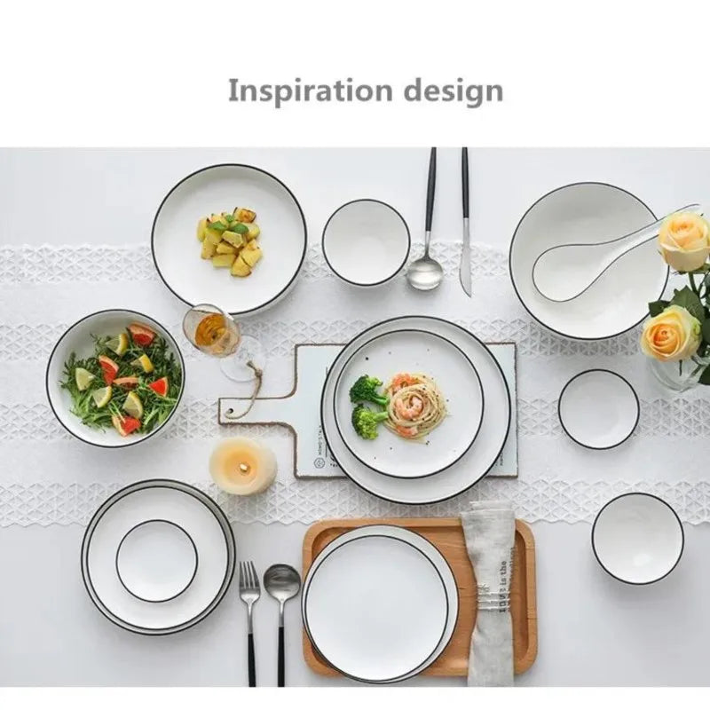 White With Black Dinner Plate Set Ceramic Serving Tray Food Dishes Rice Salad Noodles Bowl Soup Kitchen Dinnerware