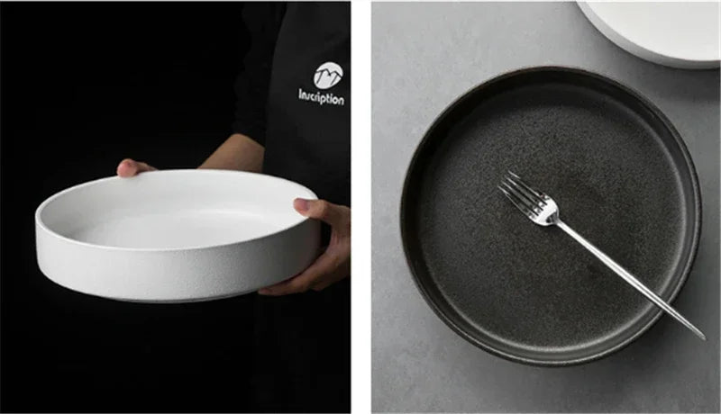 Simple black and white deep plate soup plate Western dish round dish salad plate frosted ceramic large baked household