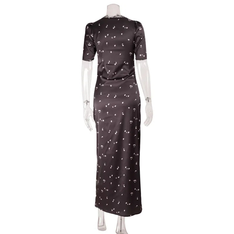 Satin Lace Patchwork Print Dress Women Black V-neck Short Sleeves High Waist Long Dresses Lady Hollow Out Daily Party Vestidos