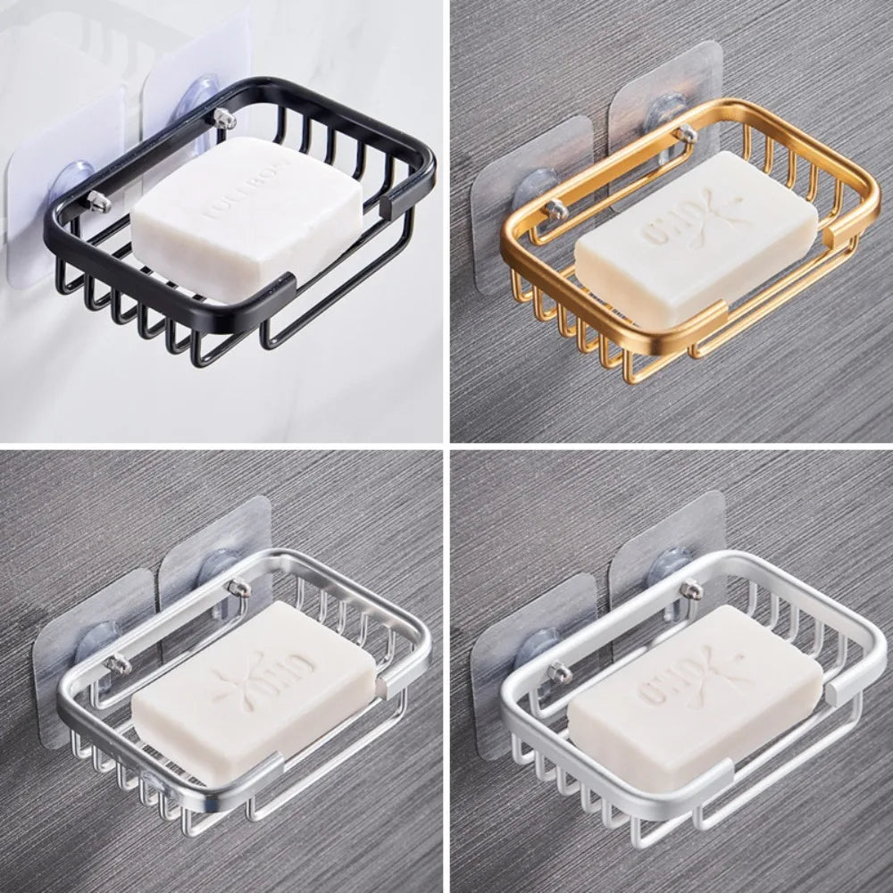 Aluminum Wall Mounted Soap Dish Self Adhesive Drill Free Hollow Drain Storage Tray For Bathroom Shower Accessories Soap Holder