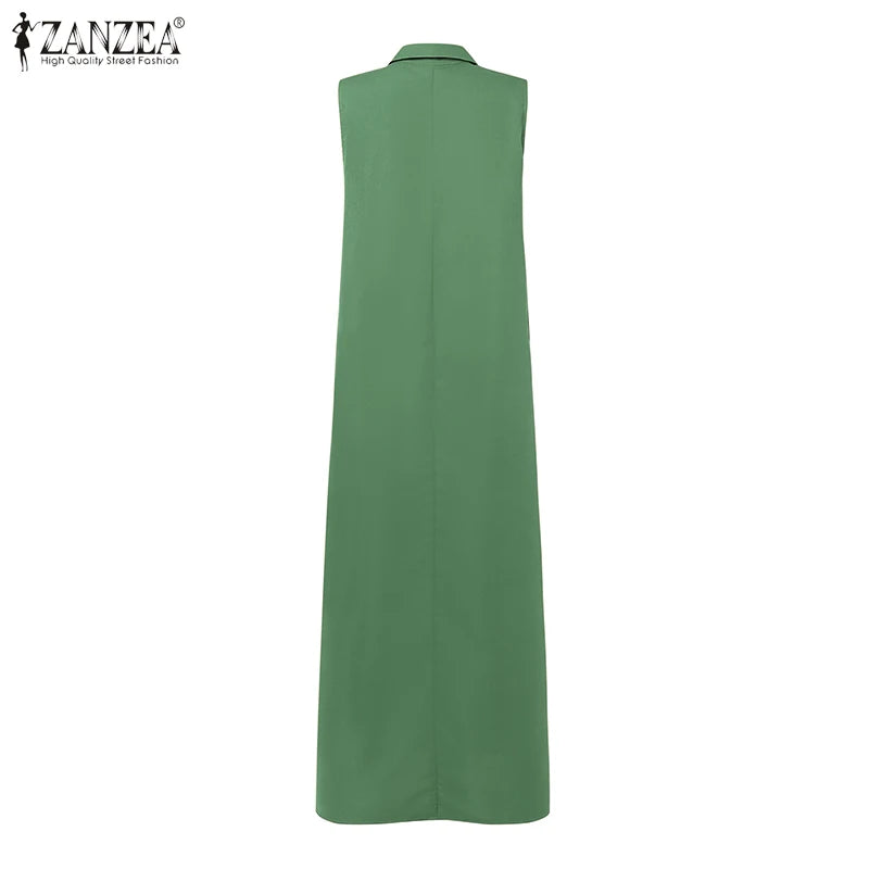 2025 Summer Sleeveless Sundress ZANZEA Women Long Dress Elegant Work OL Dresses Casual Lapel Neck Solid Vestidos Split Hem Robe