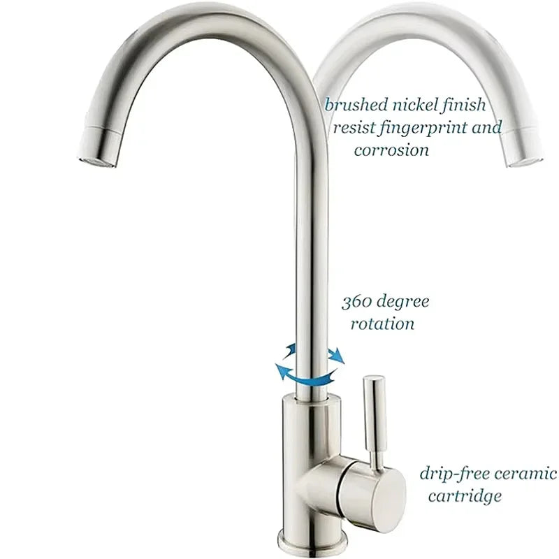 304 Stainless Steel Kitchen Faucet  Hot and Cold Water Mixer  360 degree rotation Basin installation Comes with 60cm hose