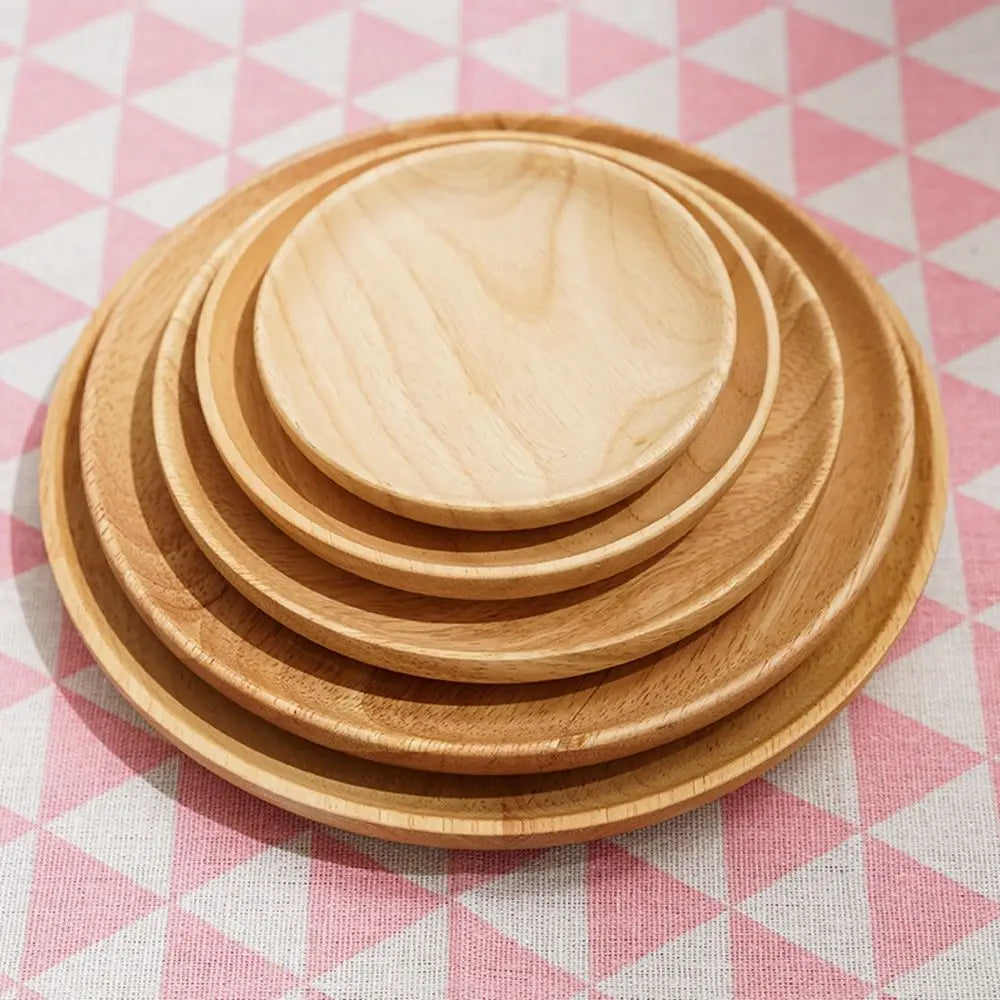 Rubber Wood Eco-Friendly Hand-made Round Kitchen Supplies Unbreakable Snack Plate Wood Plate Tea Tray Dessert Plate