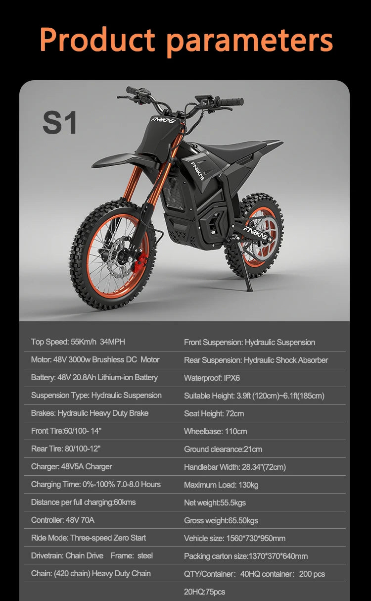 Dropshipping Electric Motocross Bike 60V 27AH 1600W,40Mph,37 Miles,Urban Commuting Front 17";Rear 14" Off-Road Electric Bike